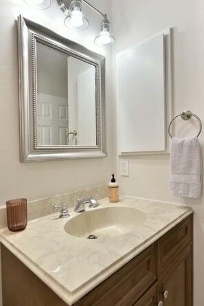 Shower, towels, shampoo, toilet paper