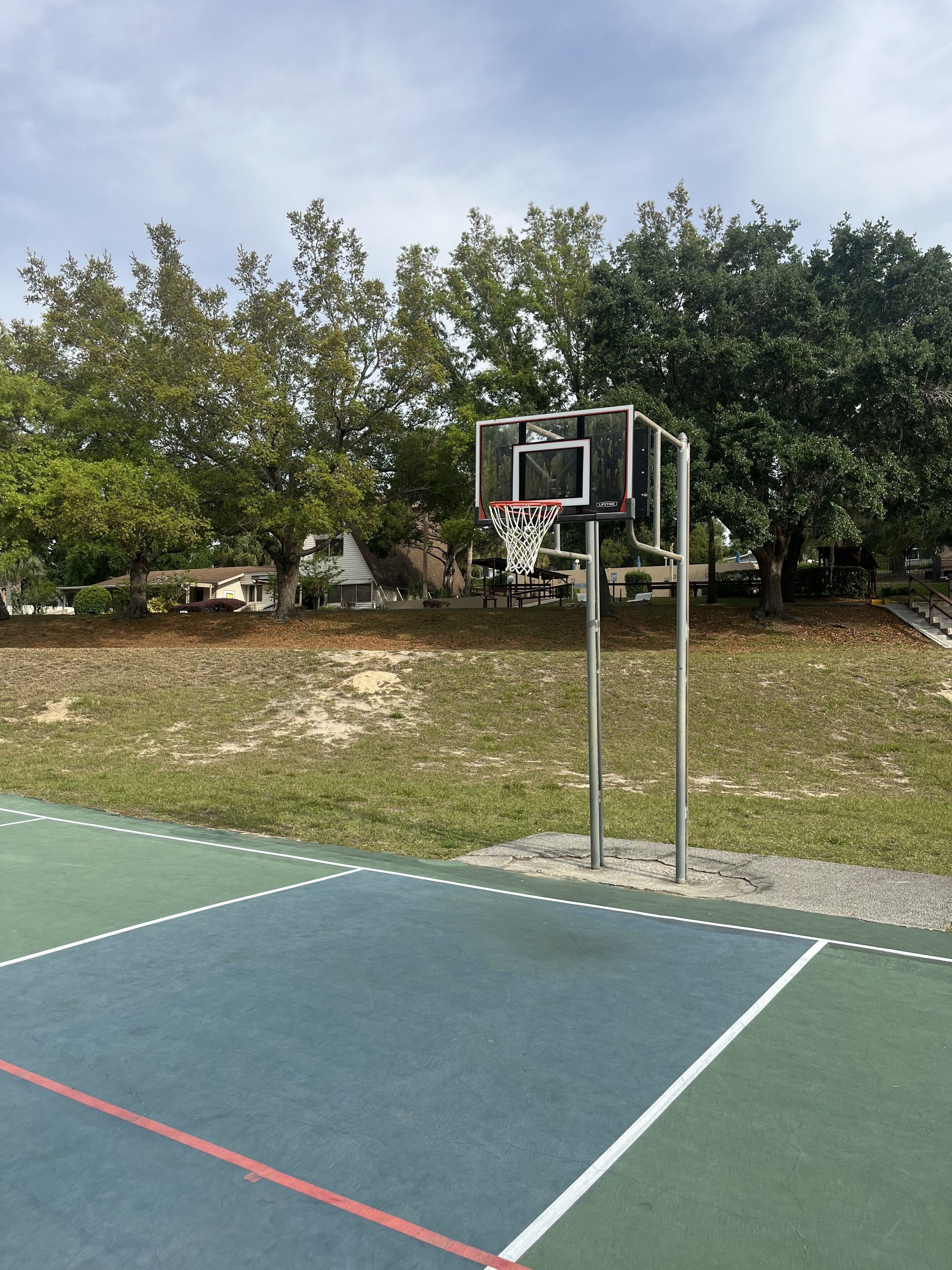 Ein Basketballplatz im Freien mit Korb, umgeben von Bäumen und einer Rasenfläche.