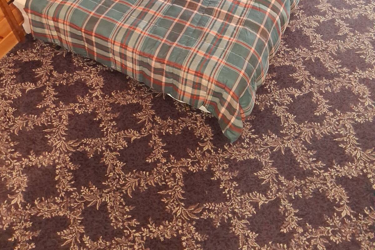 Two beds with plaid bedding, a wooden headboard, a small table with a lamp, and a patterned carpet.