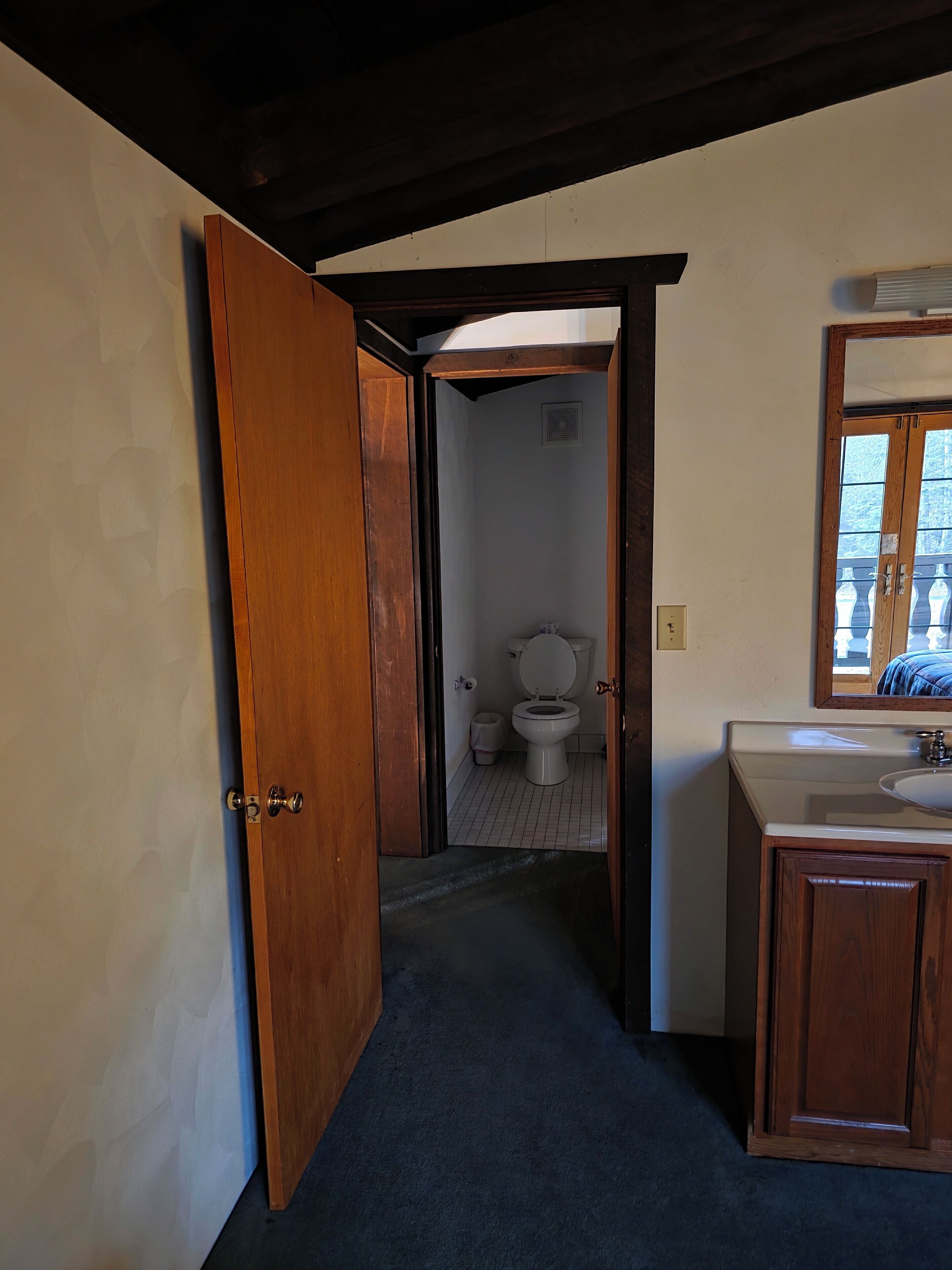 A bathroom with a wooden door, a white toilet, a sink, and a mirror.