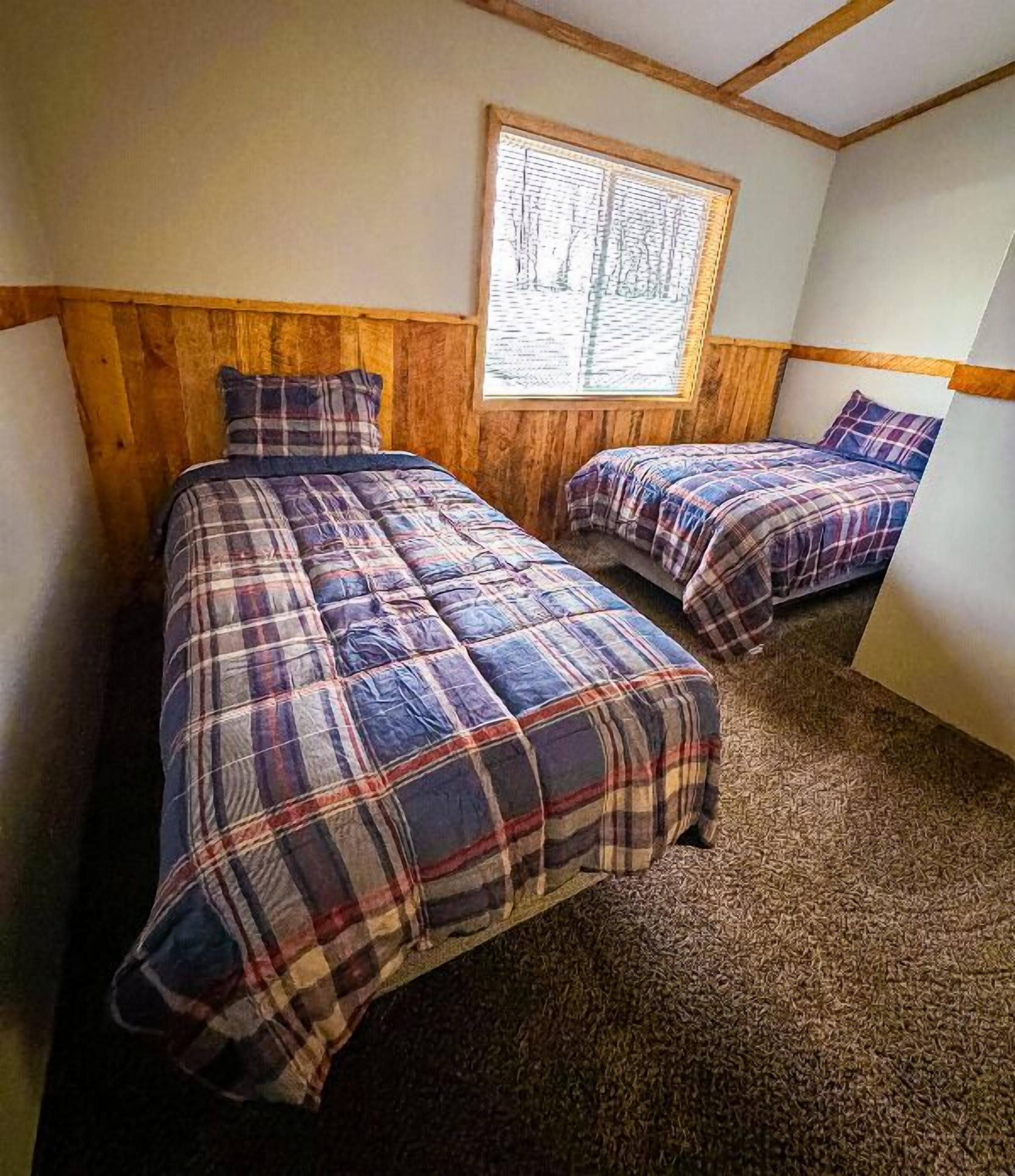 Une chambre avec deux lits, des têtes de lit en bois, une fenêtre avec vue et un sol recouvert de moquette.