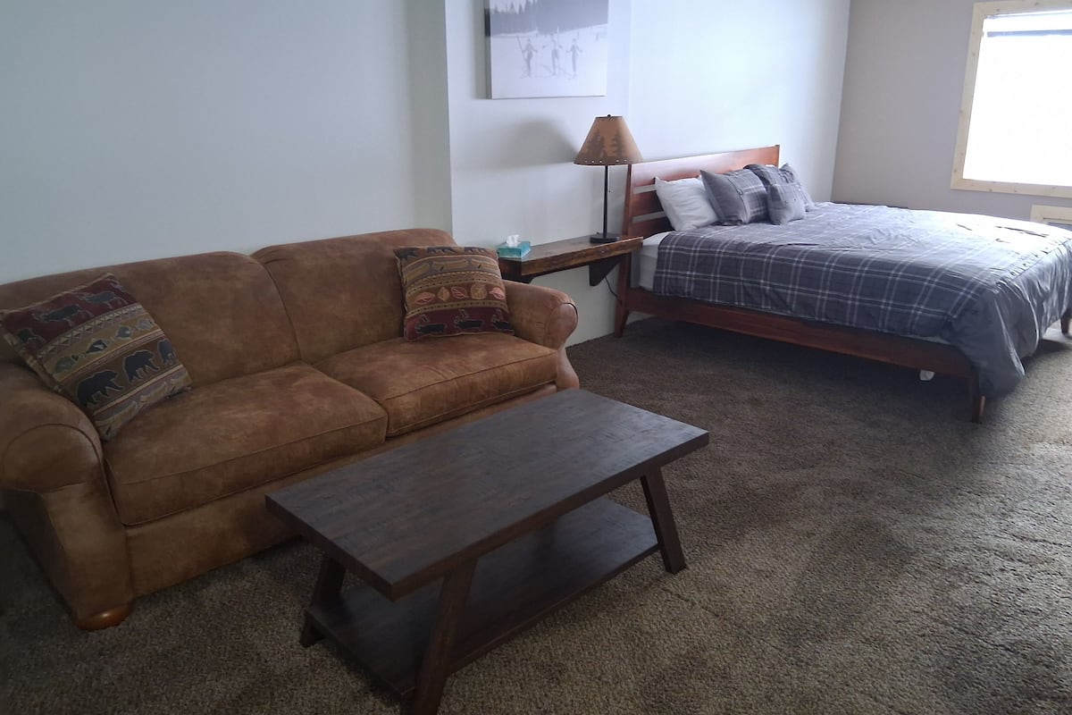 A bedroom with a brown sofa, a wooden coffee table, a bed with a plaid blanket, a nightstand with a lamp, and a framed picture on the wall.