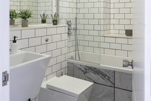 Shower, hair dryer, shampoo