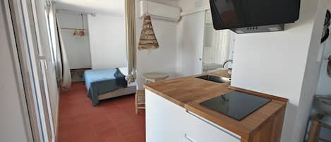 A compact room with a bed, a small kitchen area with a sink and a television, and a ceiling fan.