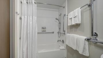 A modern bathroom with a walk-in shower, a bathtub, and a toilet.