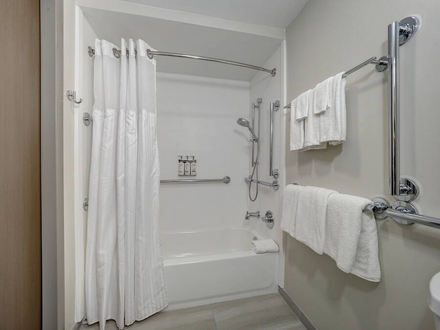 A modern bathroom with a walk-in shower, a bathtub, and a toilet.