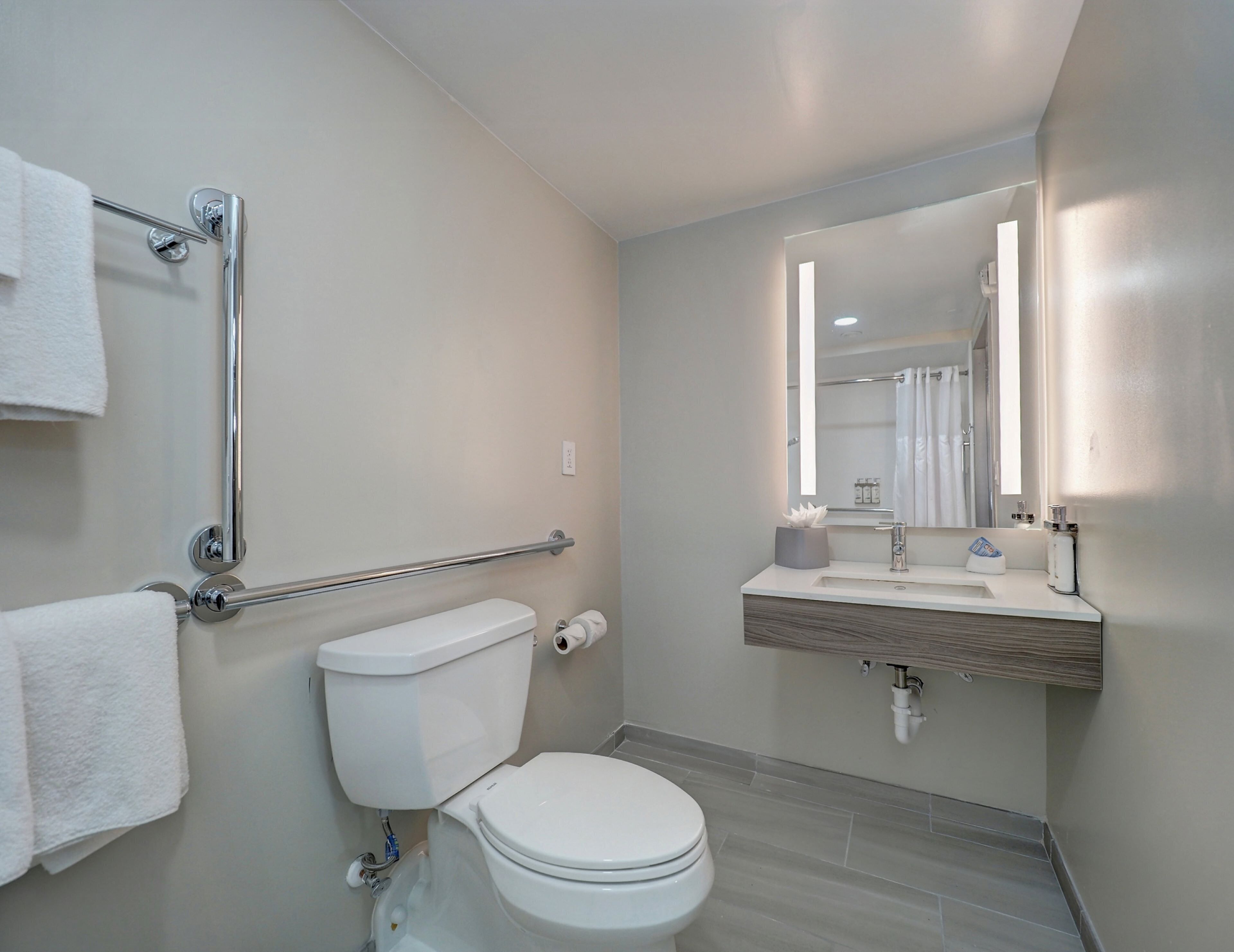 A modern bathroom with a toilet, grab bars, a sink, and a mirror.