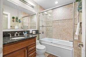 Hair dryer, towels, soap, toilet paper