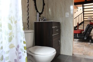 Regadera, piso con calefacción, toallas, jabón 