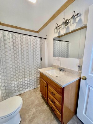Hair dryer, towels, soap, shampoo