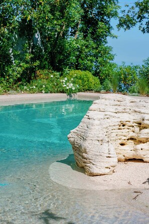 Una piscina cristalina rodeada de formaciones rocosas naturales y vegetación.