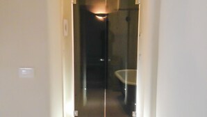 Ein schmaler Flur mit einer Spiegelwand und einer Tür zu einem Badezimmer.