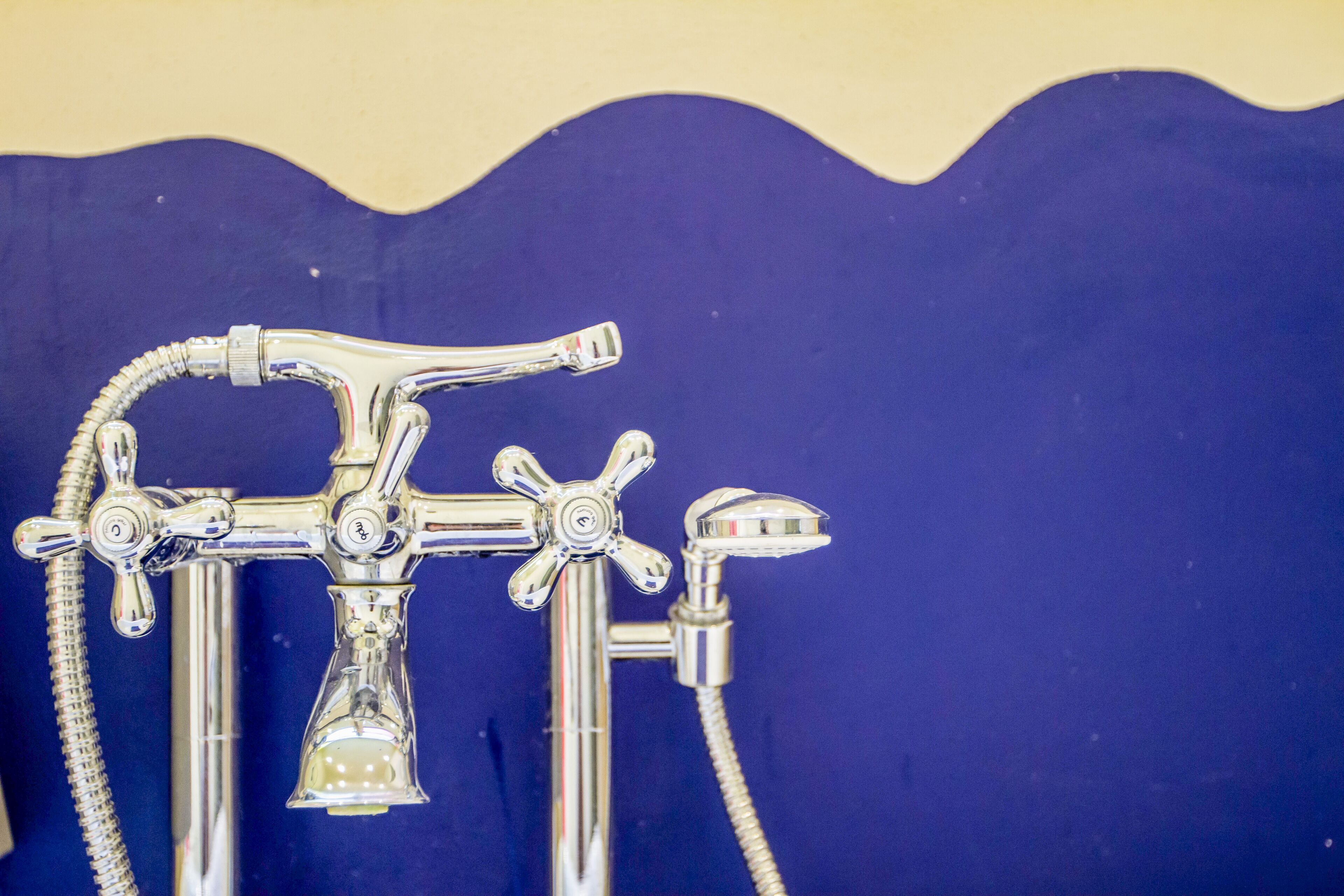 A chrome faucet with a showerhead and hose.