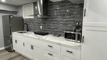 Fridge, microwave, coffee/tea maker, electric kettle