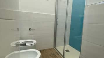 Shower, hair dryer, bidet, towels