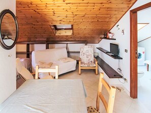 Habitación compacta con techo de madera, una cama, un sofá, una silla, un televisor y una lavadora.