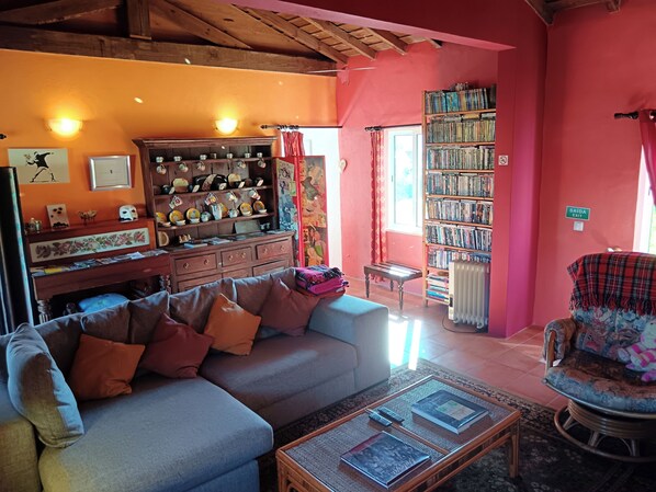 Smart TV, fireplace, DVD player, books