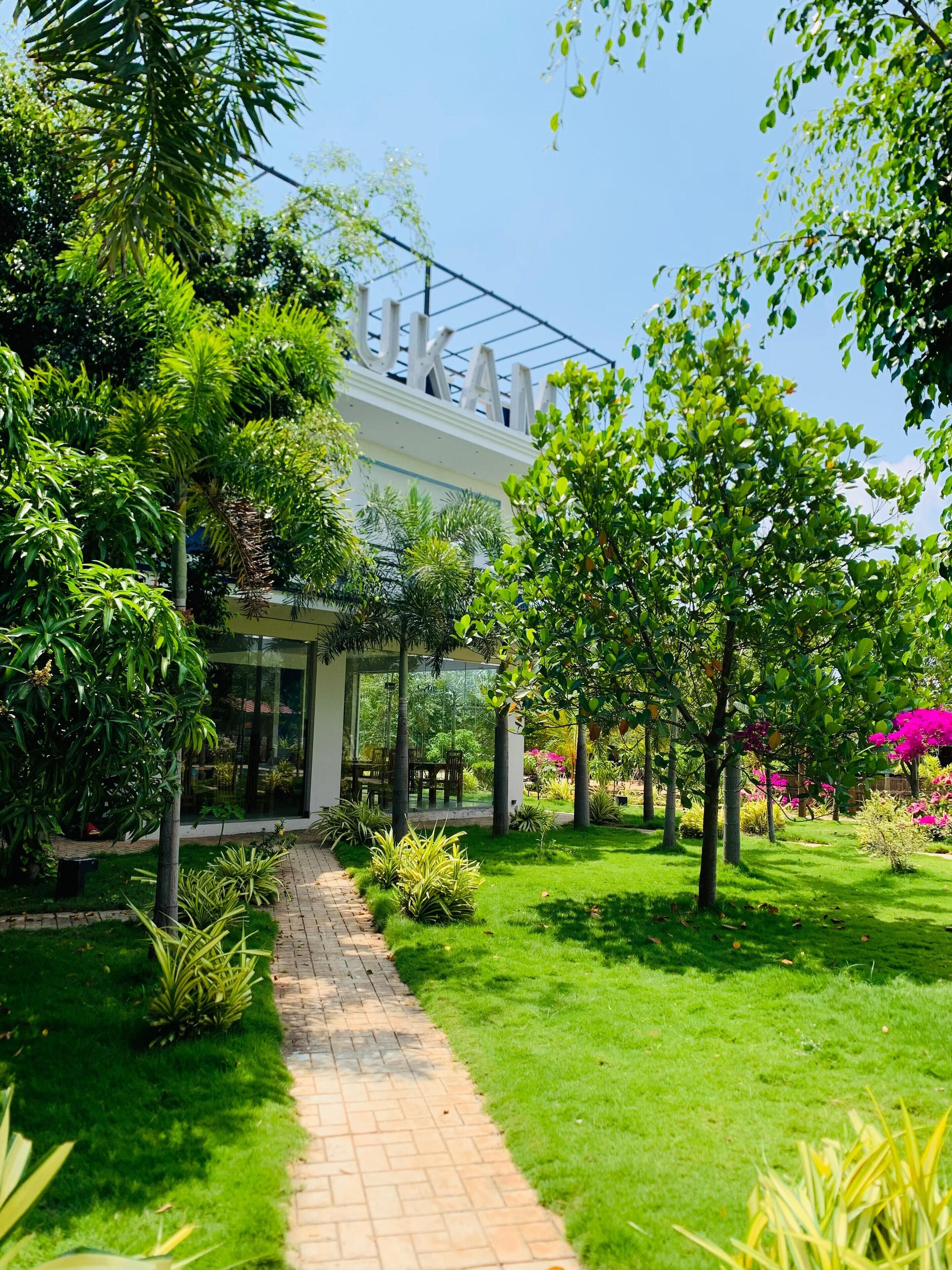 A lush garden with a paved walkway leading to a building with large windows and a visible sign.