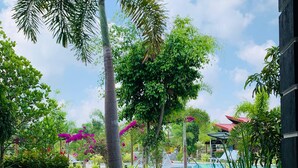 A pathway leading to a pool area with lush greenery and a clear sky. - Anukama Resort  (Nilaveli)