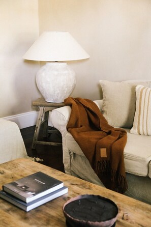 TV, fireplace, books, stereo