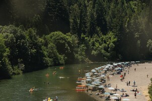 On the beach, beach umbrellas, kayaking