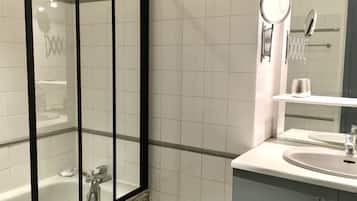 Hair dryer, towels, toilet paper