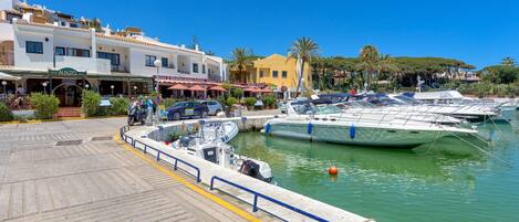 Un puerto deportivo con varias embarcaciones amarradas, un paseo pavimentado y un restaurante llamado 'Albert's Grill' con terraza.