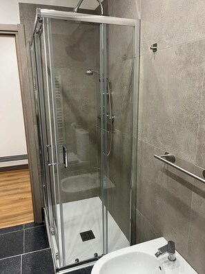 Shower, hair dryer, bidet, towels