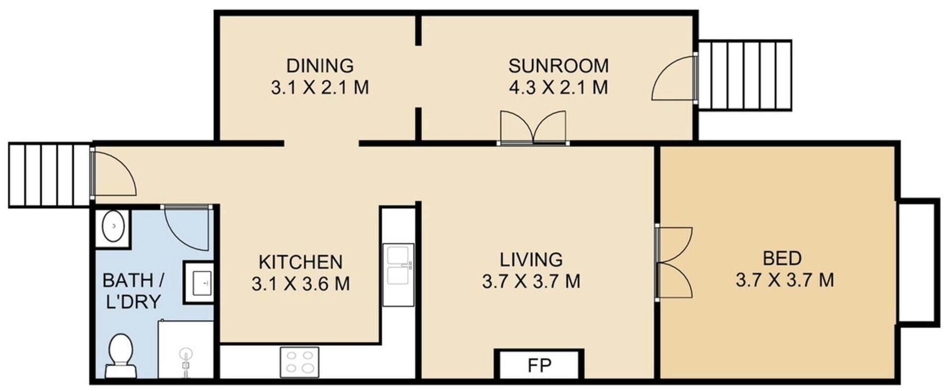 Ein Grundriss mit Essbereich, Wintergarten, Küche, Wohnzimmer und Bad.