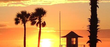 A beach scene with palm trees and a lifeguard tower during sunset.
