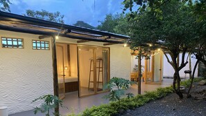 Ein modernes Haus mit Glastür, ein kleiner Garten mit Pflanzen und einem Kiesweg, und eine Holzleiter, die an der Tür angelehnt ist.