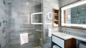 Hair dryer, bidet, towels, toilet paper