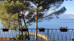 A balcony with a view of a lake, trees, and mountains in the background.
