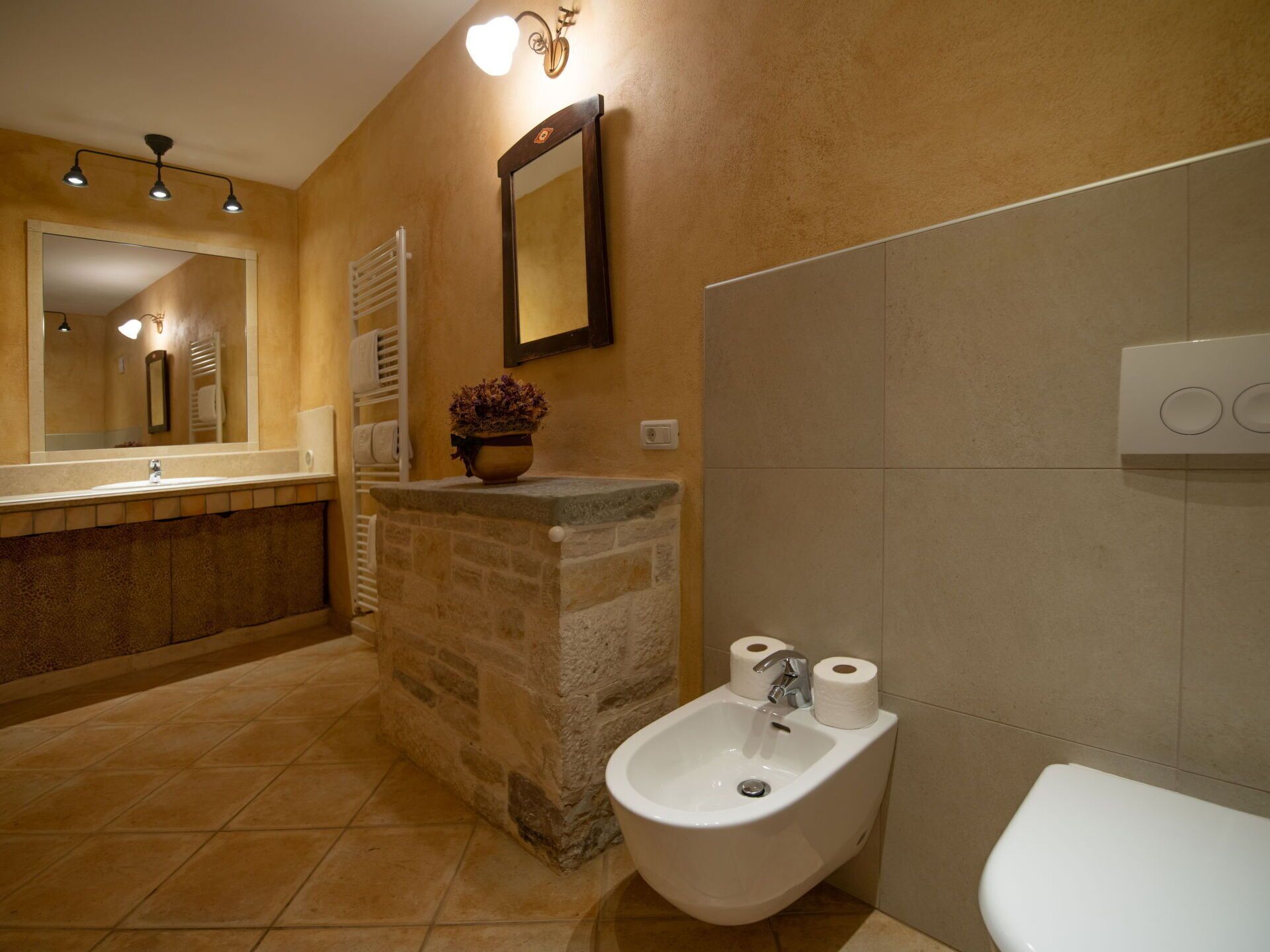 Une salle de bain avec un lavabo en pierre, un bidet, un miroir et un porte-serviettes.