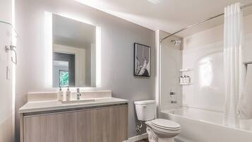 Hair dryer, towels, shampoo, toilet paper