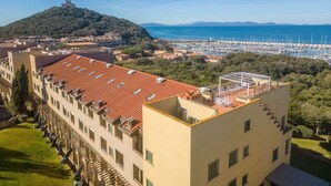 Un paysage urbain côtier avec une colline imposante, un port de plaisance et un bâtiment surmonté d’un toit recouvert de tuiles rouges.