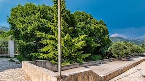 A stone patio with a metal bench and a tree in the background. - Beautiful private villa for 10 guests with private pool, A/C, WIFI, TV, terrace and pets allowed (Solin)