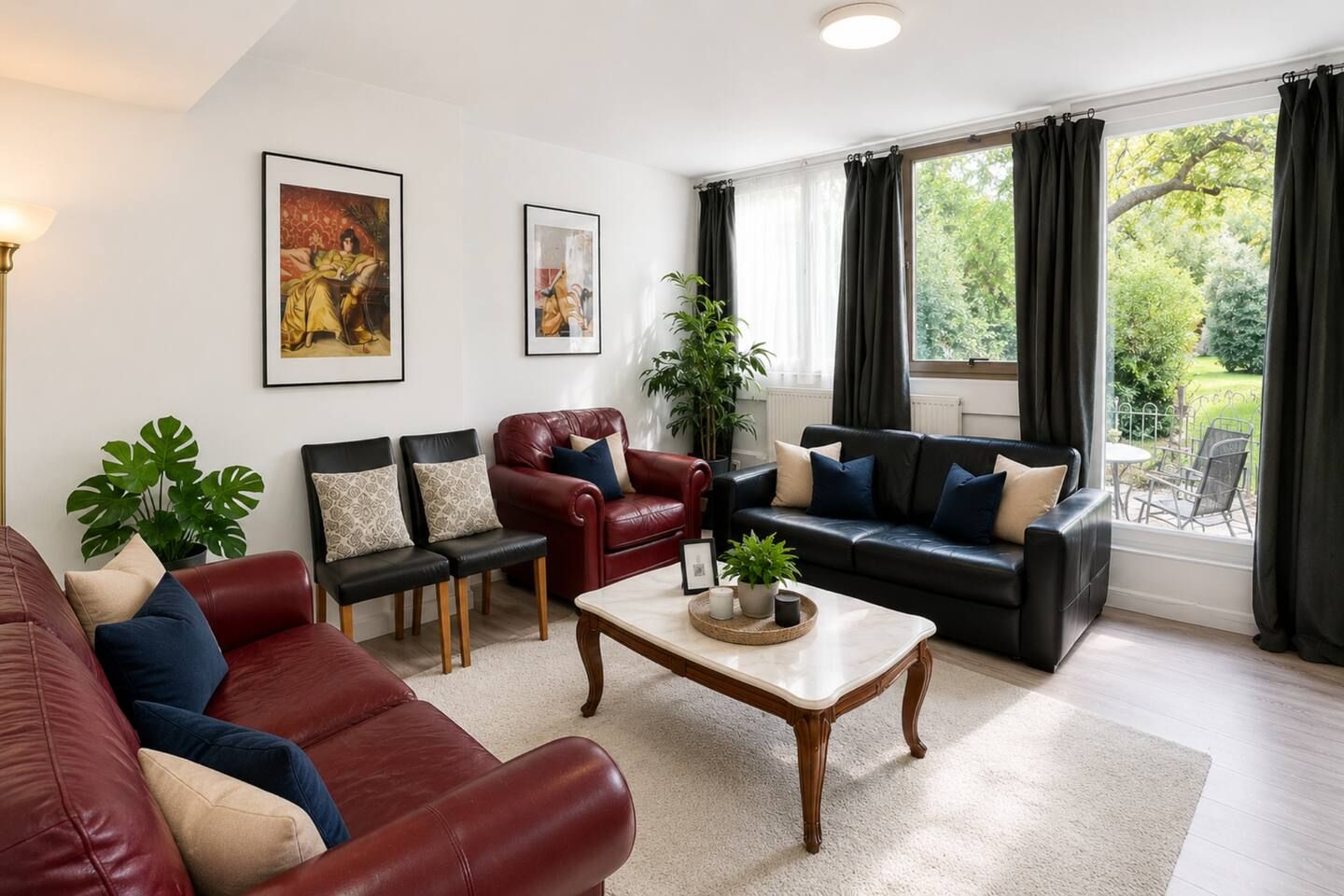 A spacious living room with a red leather sofa, a black leather sofa, and a wooden coffee table. There are two framed pictures on the wall, a potted plant, and a view of the outdoors through large windows.