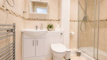 Hair dryer, towels, soap, toilet paper