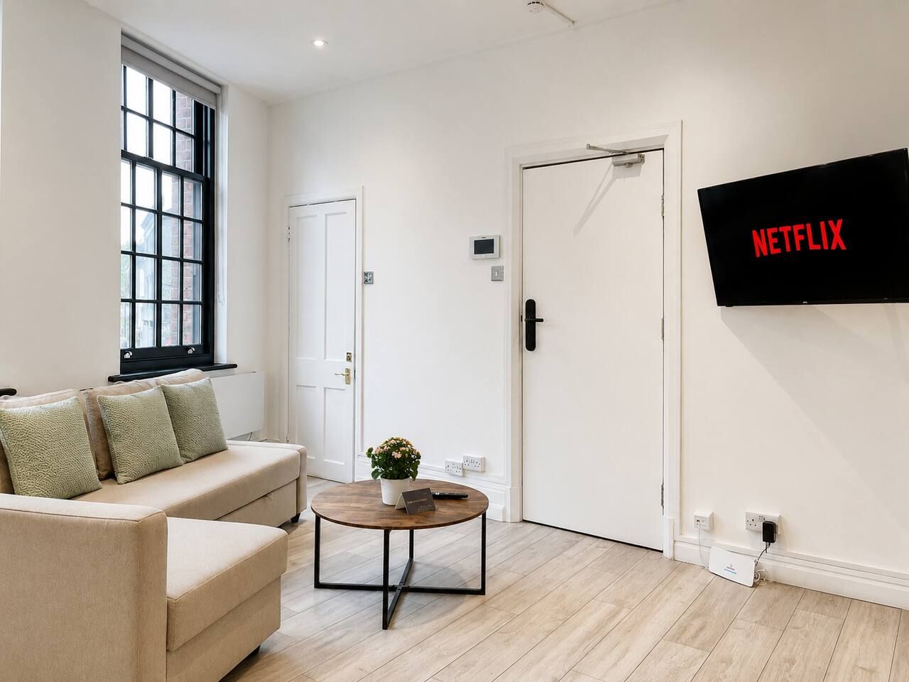 A modern living room with a sofa, a coffee table, a potted plant, and a wall-mounted TV displaying the Netflix logo.