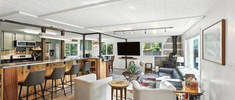 Smart TV, fireplace, ping pong, books