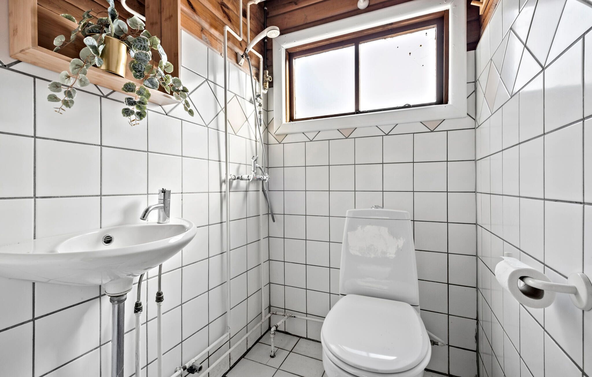 A small, tiled bathroom with a white sink, toilet, and shower. There is a window above the toilet and a plant on the wall.