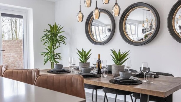A dining area with a wooden table set for four, surrounded by chairs. There are three round mirrors on the wall, a potted plant, and a bottle of wine on the table. - 5-Bed Home | Canal Views | Parking for 2+ Cars (Milton Keynes)