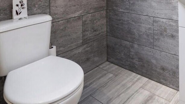 Ein Badezimmer mit Toilette, Waschbecken und Duschbereich.