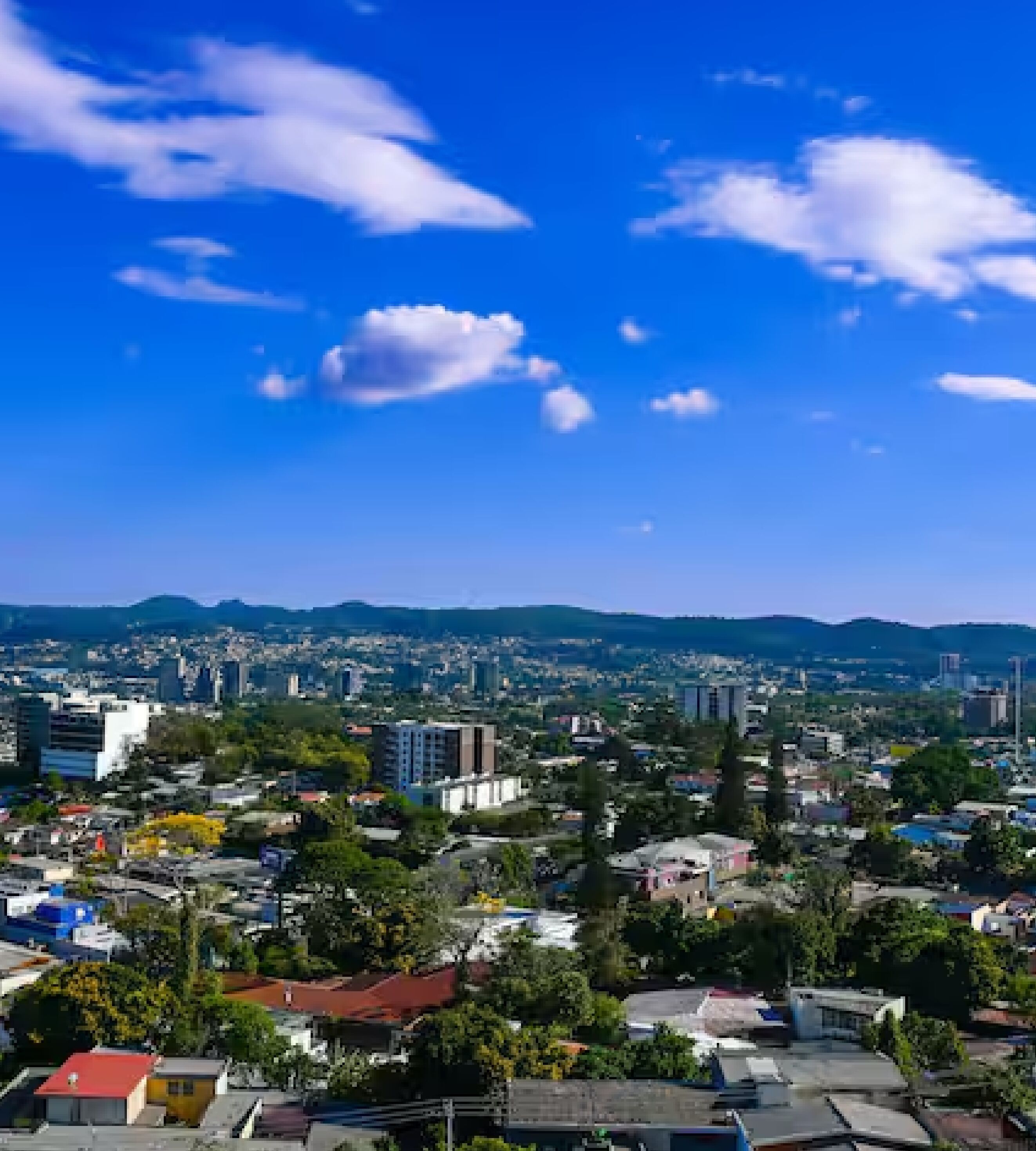 A cityscape with a mix of residential and commercial buildings, a clear blue sky, and distant mountains.