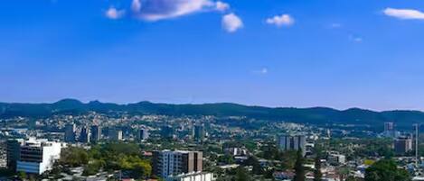A cityscape with a mix of residential and commercial buildings, a clear blue sky, and distant mountains.