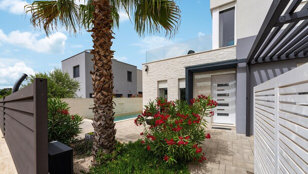 A modern house with a pool, surrounded by a well-maintained garden with red flowers and a palm tree. - Stunning home in Zaton (Zaton)