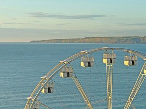 A Ferris wheel with cabins over water, a distant coastline, and a clear sky.