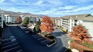 A parking lot with multiple rows of parking spaces, a central landscaped area with trees, and buildings with a uniform architectural style in the background.