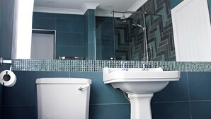 Une salle de bain avec des toilettes et un lavabo, tous deux de couleur blanche, devant un mur recouvert de carreaux bleu foncé.